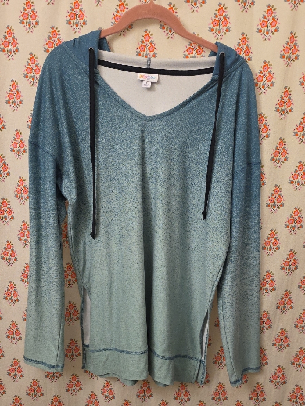 LuLaRoe Eliza Teal V-Neck Hooded Pullover with Black Drawstrings